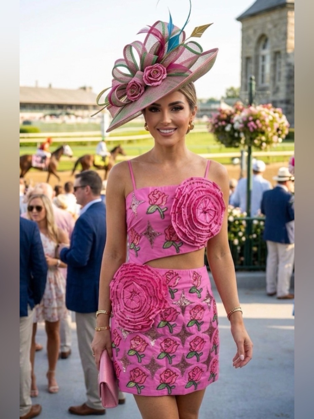 New! QUEEN OF SPARKLES Pink Rose and Sparkle Embellished Mini Dress